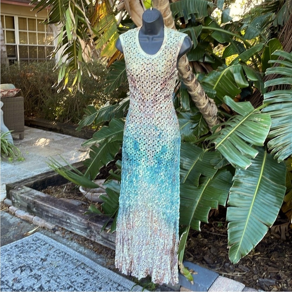 reba, crochet and beaded sheer ombré maxi dress